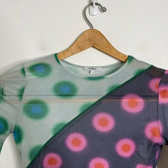 MIAOU Polka Dot PatchworkLong Sleeve Mesh Sheer T-shirt Sz S Y2K Bratz 2000’s - Picture 4 of 14